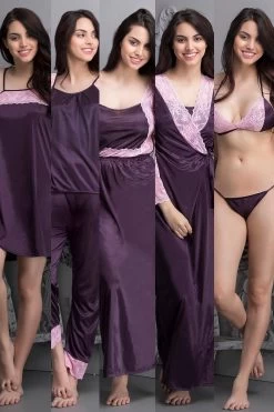 7 Pcs Nightwear Set In Purple- Satin
