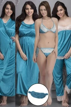 7 Pcs Nightwear Set In Blue - Satin
