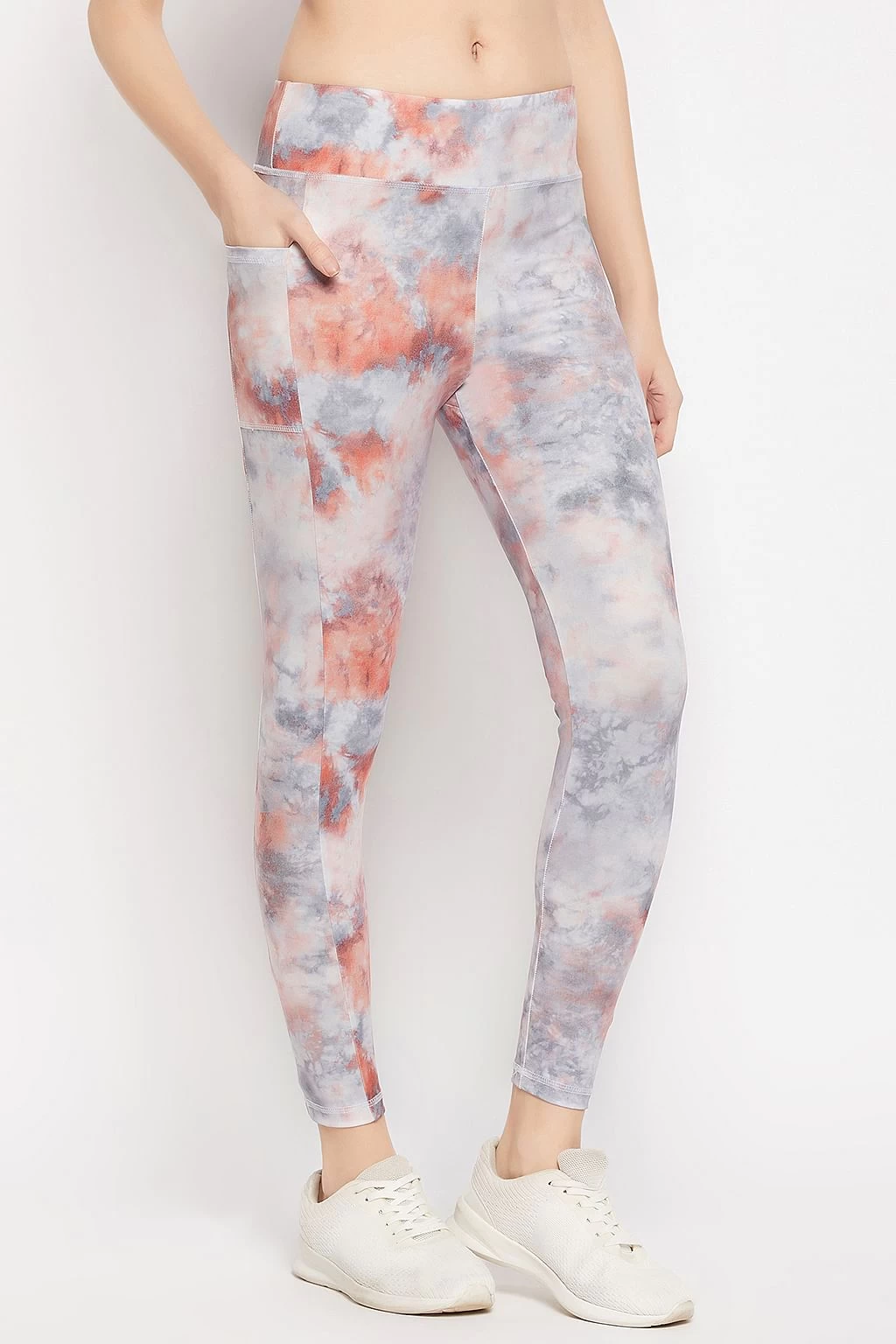 High Rise Tie-Dye Print Active Tights In Grey With Side Pocket - Image 4