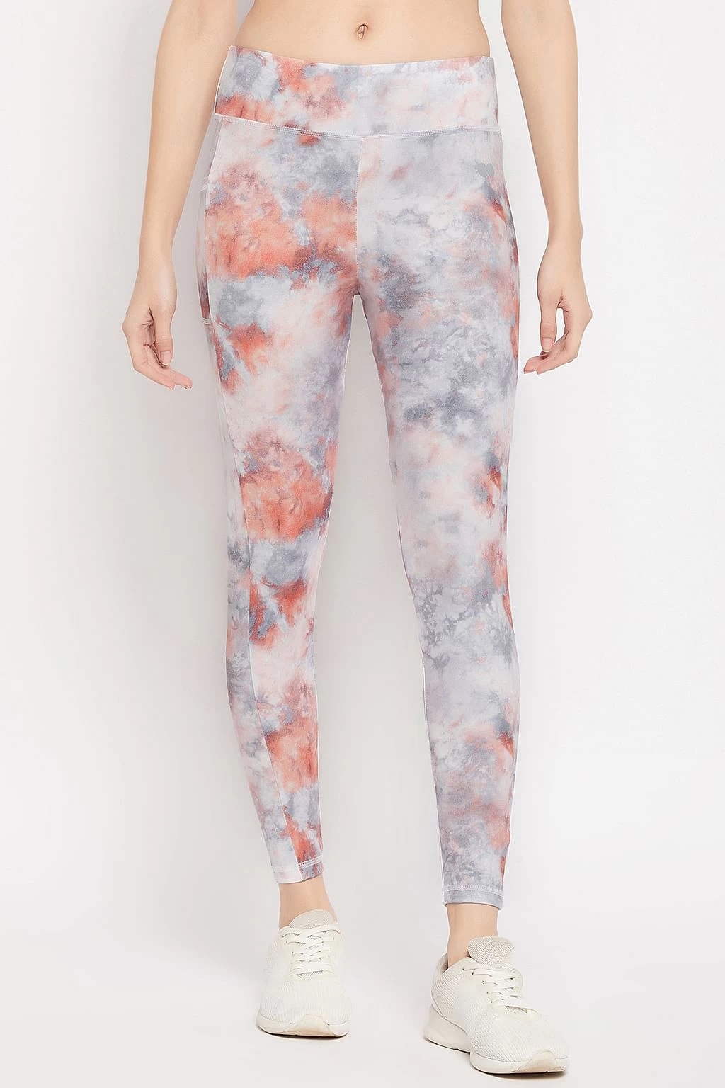 High Rise Tie-Dye Print Active Tights In Grey With Side Pocket - Image 2
