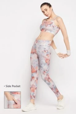 High Rise Tie-Dye Print Active Tights In Grey With Side Pocket