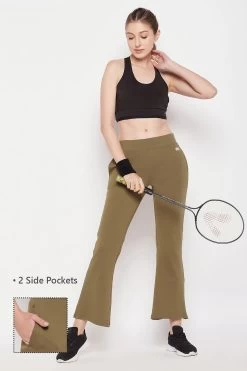 Comfort Fit High-Rise Flared Yoga Pants In Olive Green With Side Pockets