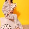Animal Print Button Down Shirt & Pyjama Set In Light Pink - Satin