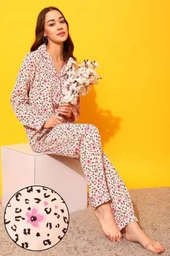 Animal Print Button Down Shirt & Pyjama Set In Light Pink - Satin
