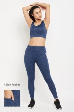 Medium Impact Padded Active Sports Bra & High Rise Active Tights With Side Pocket In Navy Melange