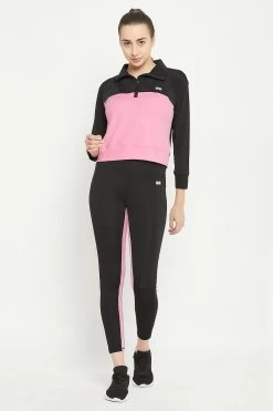 Active Zipper Top & High Rise Active Tights In Black With Pink Panels