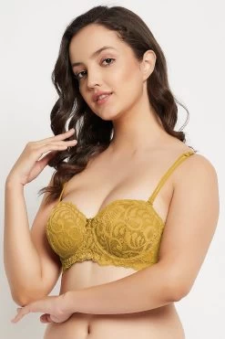 Padded Underwired Full Cup Multiway Strapless Balconette Bra In Yellow - Lace
