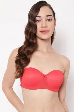 Invisi Padded Underwired Full Cup Strapless Balconette Bra In Red With Transparent Straps & Band