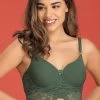 Padded Underwired Longline Bralette In Dark Green - Lace