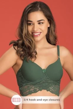 Padded Underwired Longline Bralette In Dark Green - Lace