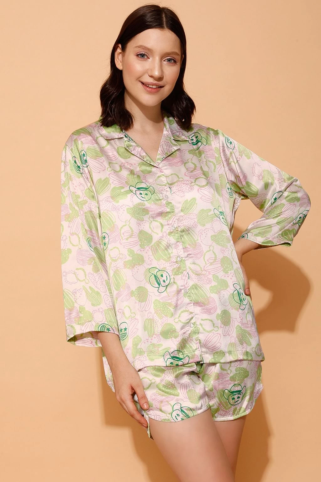 Cactus & Emoji Print 3 Piece Nightwear Set In White - Satin - Image 3