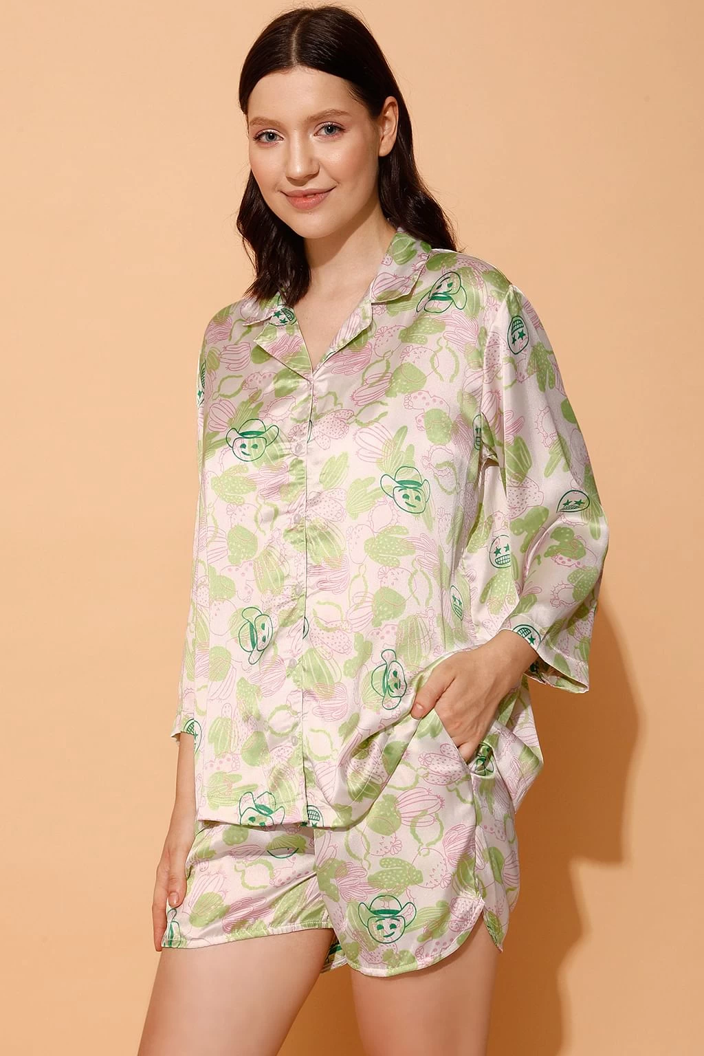 Cactus & Emoji Print 3 Piece Nightwear Set In White - Satin - Image 4