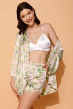 Cactus & Emoji Print 3 Piece Nightwear Set In White - Satin