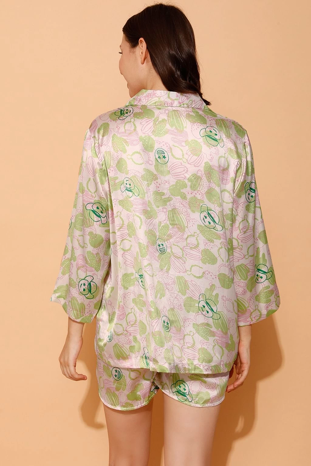 Cactus & Emoji Print 3 Piece Nightwear Set In White - Satin - Image 6