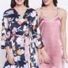 Chic Basic Babydoll & Floral Print Robe Set In Dusky Pink & Navy - Satin