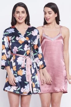 Chic Basic Babydoll & Floral Print Robe Set In Dusky Pink & Navy - Satin