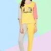 Graphic & Text Print Colourblocked Top & Joggers Set In Yellow - 100% Cotton