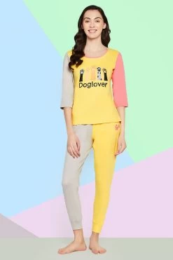 Graphic & Text Print Colourblocked Top & Joggers Set In Yellow - 100% Cotton