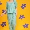 Chic Basic Peplum Top & Pyjama Set In Sky Blue - Rayon