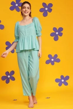 Chic Basic Peplum Top & Pyjama Set In Sky Blue - Rayon