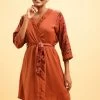 Pretty Florals Robe In Rust Brown - Satin