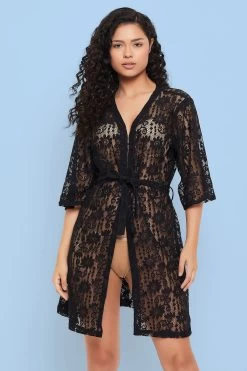 Chic Basic Sheer Robe In Black - Lace
