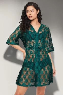 Chic Basic Sheer Robe In Ocean Green - Lace
