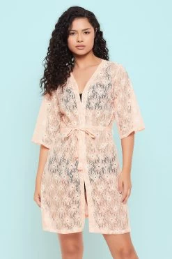 Chic Basic Sheer Robe In Peach Colour - Lace