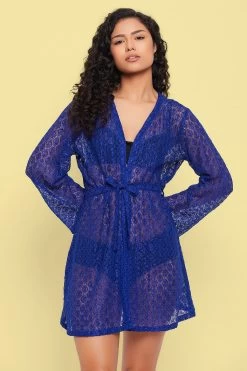 Chic Basic Sheer Robe In Royal Blue - Lace