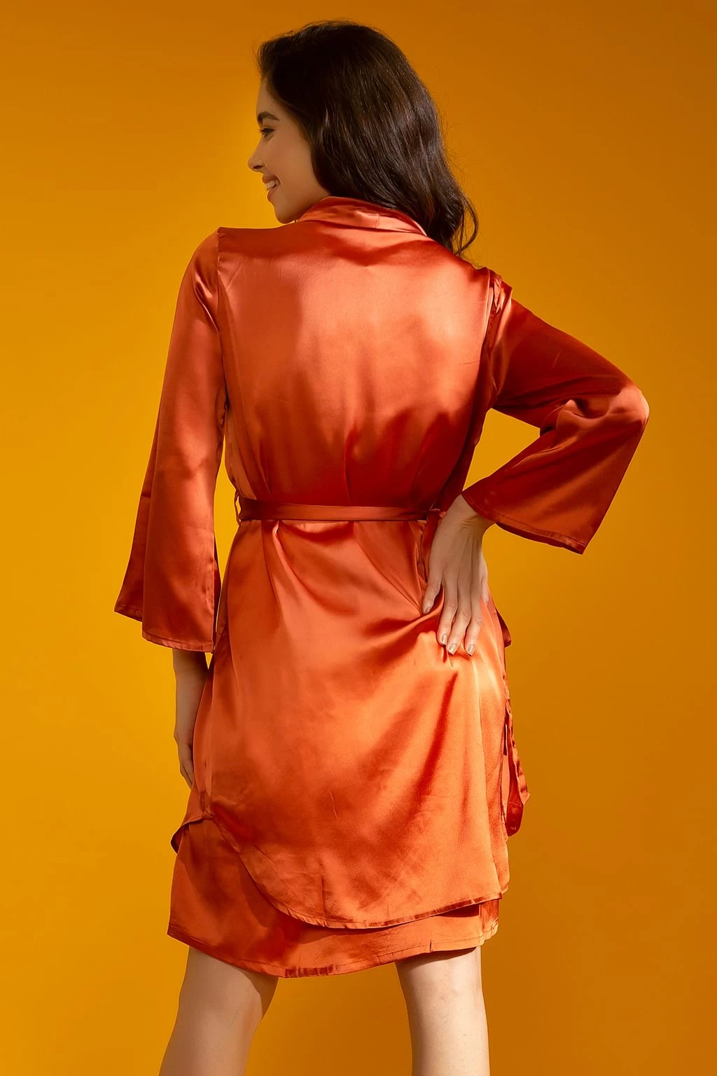 Chic Basic Short Night Dress & Robe Set In Orange - Satin - Image 5