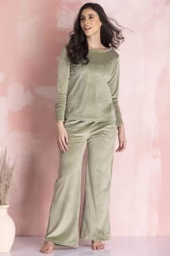 Chic Basic Top & Flared Pyjama Set In Olive Green - Velour