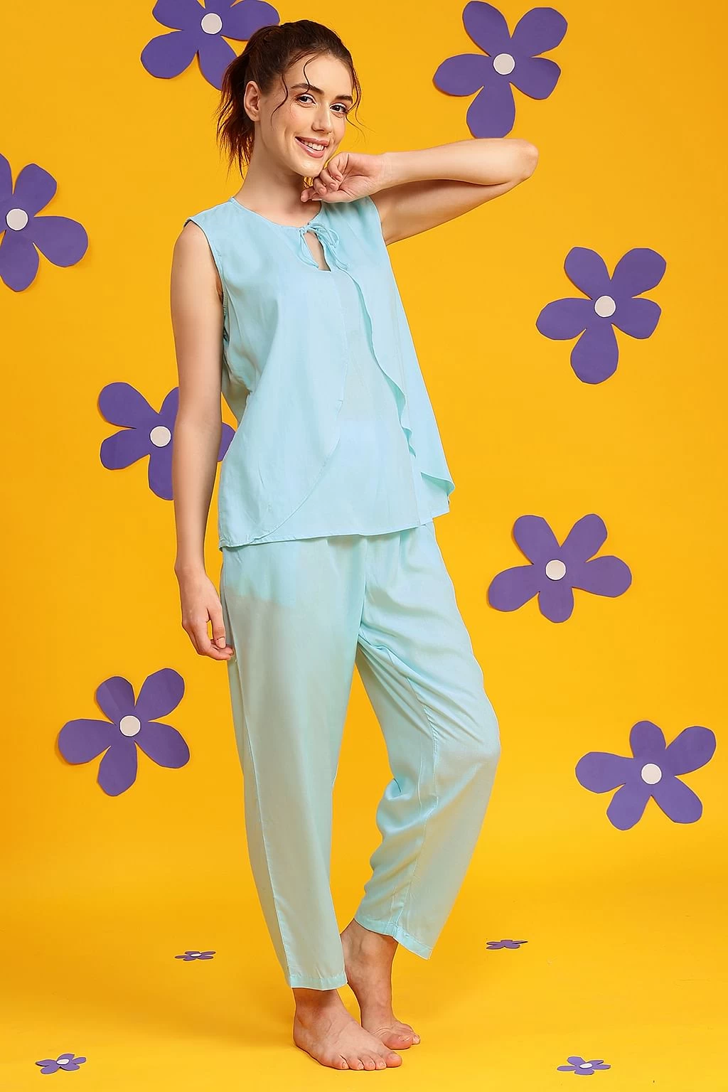 Chic Basic Top & Pyjama Set In Sky Blue - Rayon - Image 2