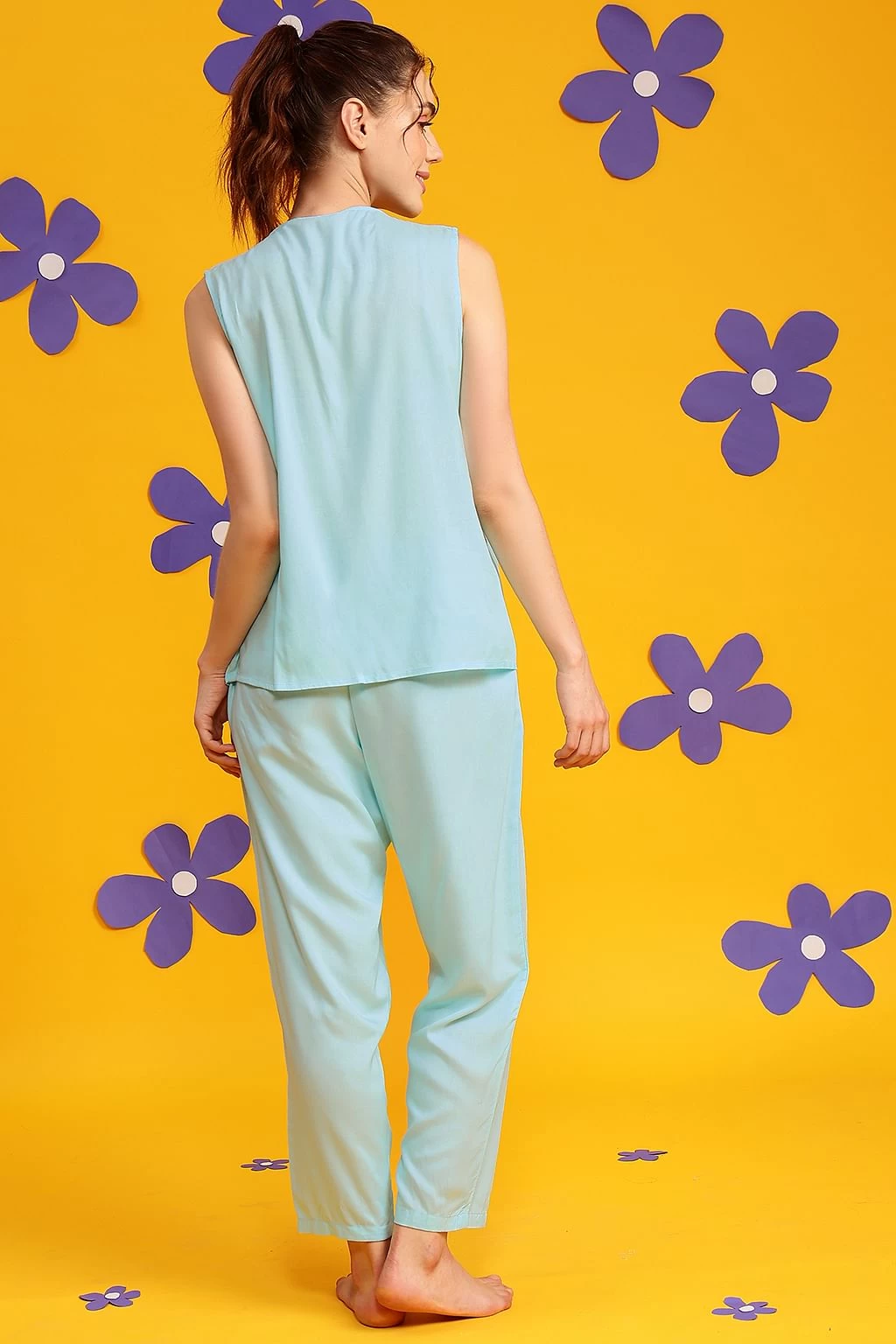 Chic Basic Top & Pyjama Set In Sky Blue - Rayon - Image 3