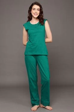 Chic Basic Top & Pyjama Set In Teal Green - 100% Cotton