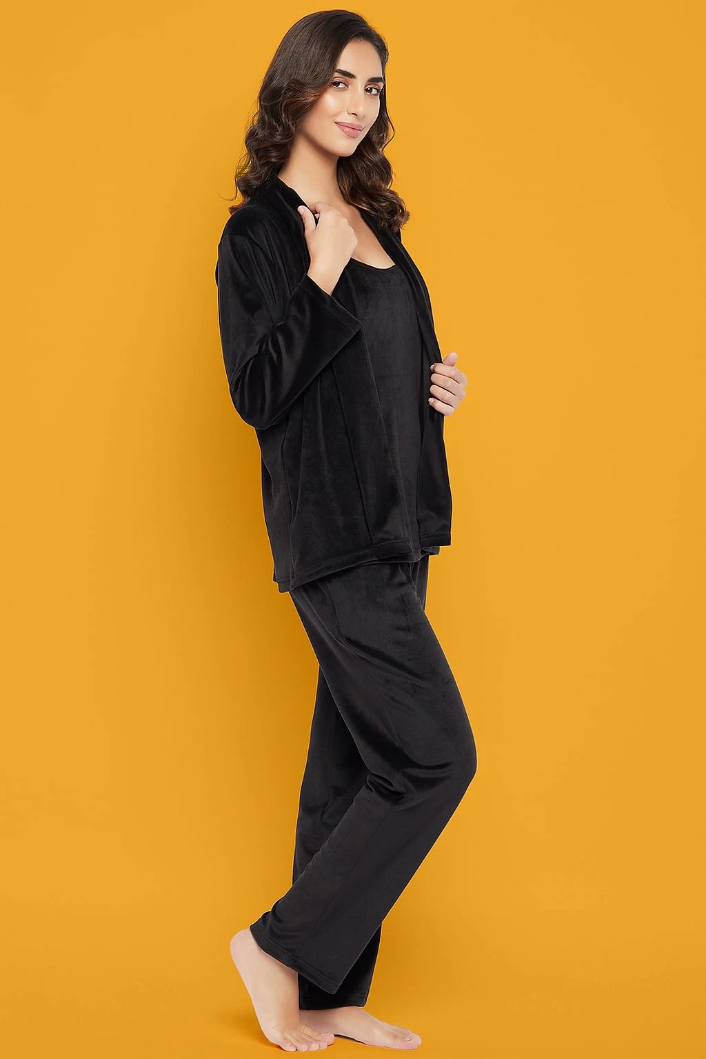Chic Basic Top, Pyjama & Shrug Set In Black - Velour - Image 9