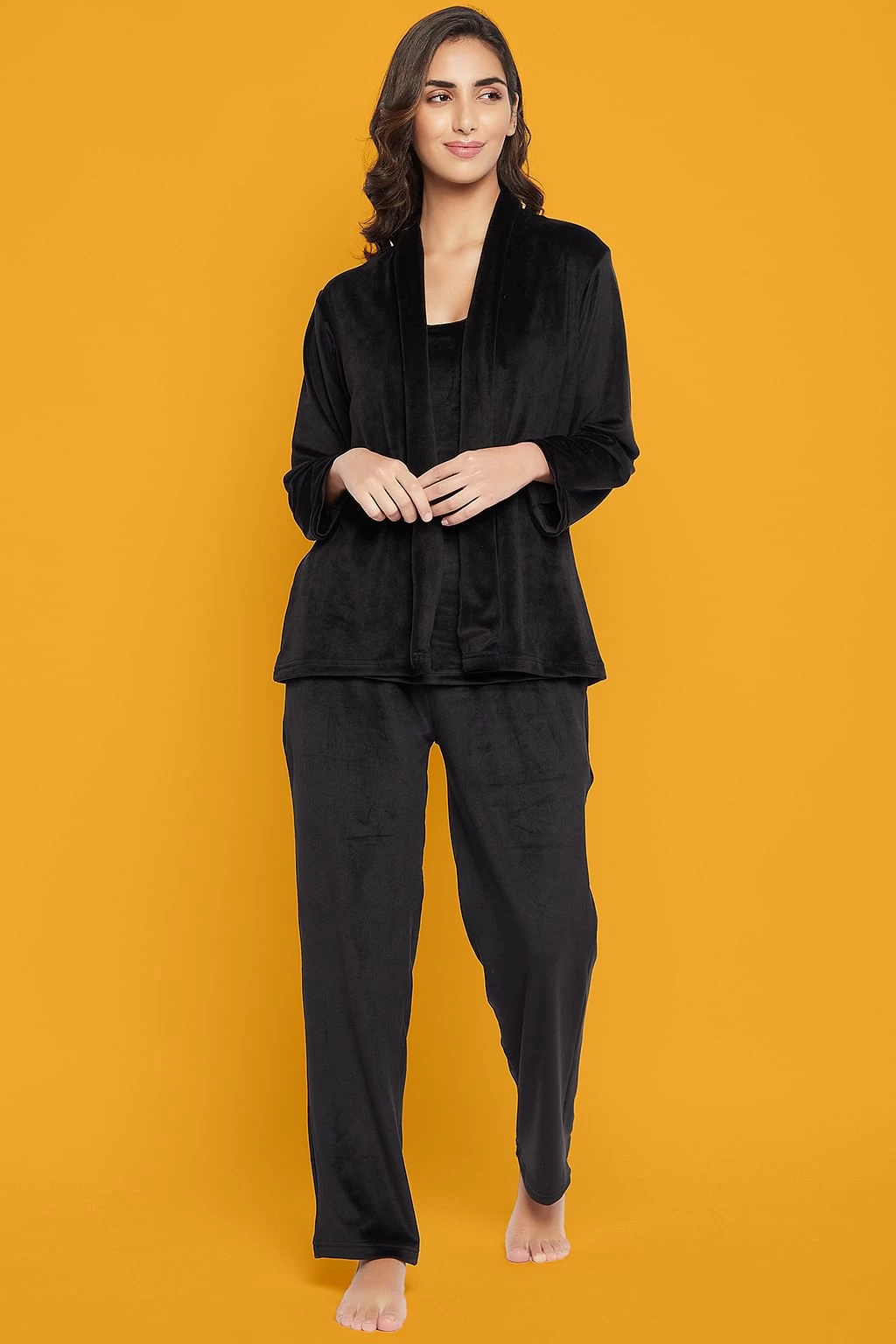 Chic Basic Top, Pyjama & Shrug Set In Black - Velour - Image 8