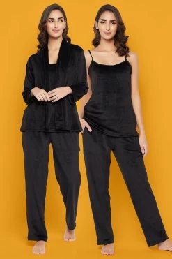Chic Basic Top, Pyjama & Shrug Set In Black - Velour