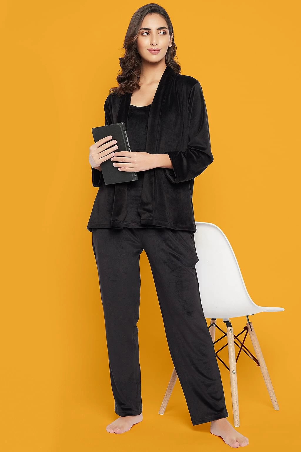 Chic Basic Top, Pyjama & Shrug Set In Black - Velour - Image 2