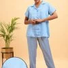 Classic Checks Button Down Shirt & Pyjama Set In Sky Blue - Satin