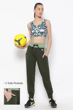 Comfort Fit High Rise Active Joggers In Olive Green With Side Pockets