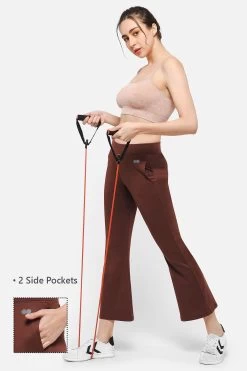 Comfort Fit High-Rise Flared Yoga Pants In Brown With Side Pockets
