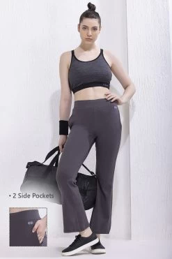 Comfort Fit High-Rise Flared Yoga Pants In Dark Grey With Side Pockets