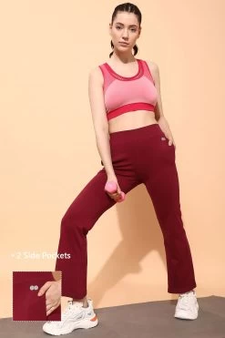 Comfort Fit High-Rise Flared Yoga Pants In Maroon With Side Pockets