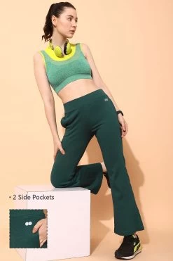 Comfort Fit High-Rise Flared Yoga Pants In Teal Blue With Side Pockets