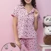 Bear Print Button Down Shirt & Shorts Set In Baby Pink - 100% Cotton