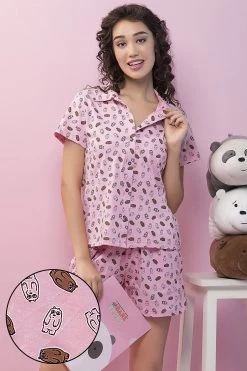 Bear Print Button Down Shirt & Shorts Set In Baby Pink - 100% Cotton
