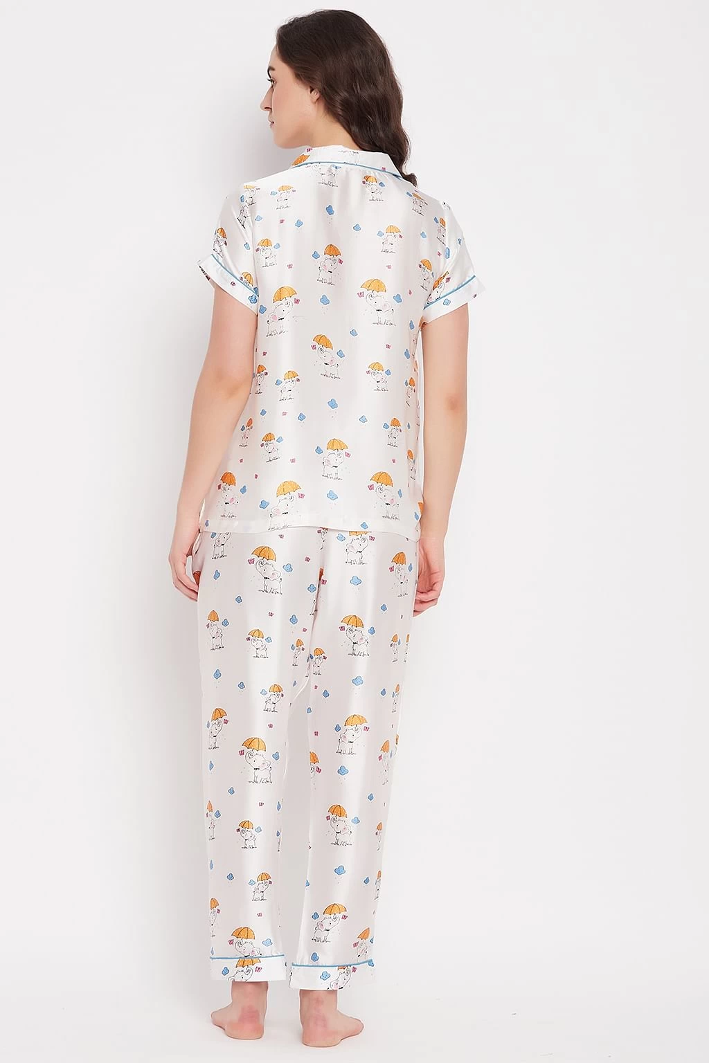 Elephant Print Button Down Shirt & Pyjama Set In White - Satin - Image 4