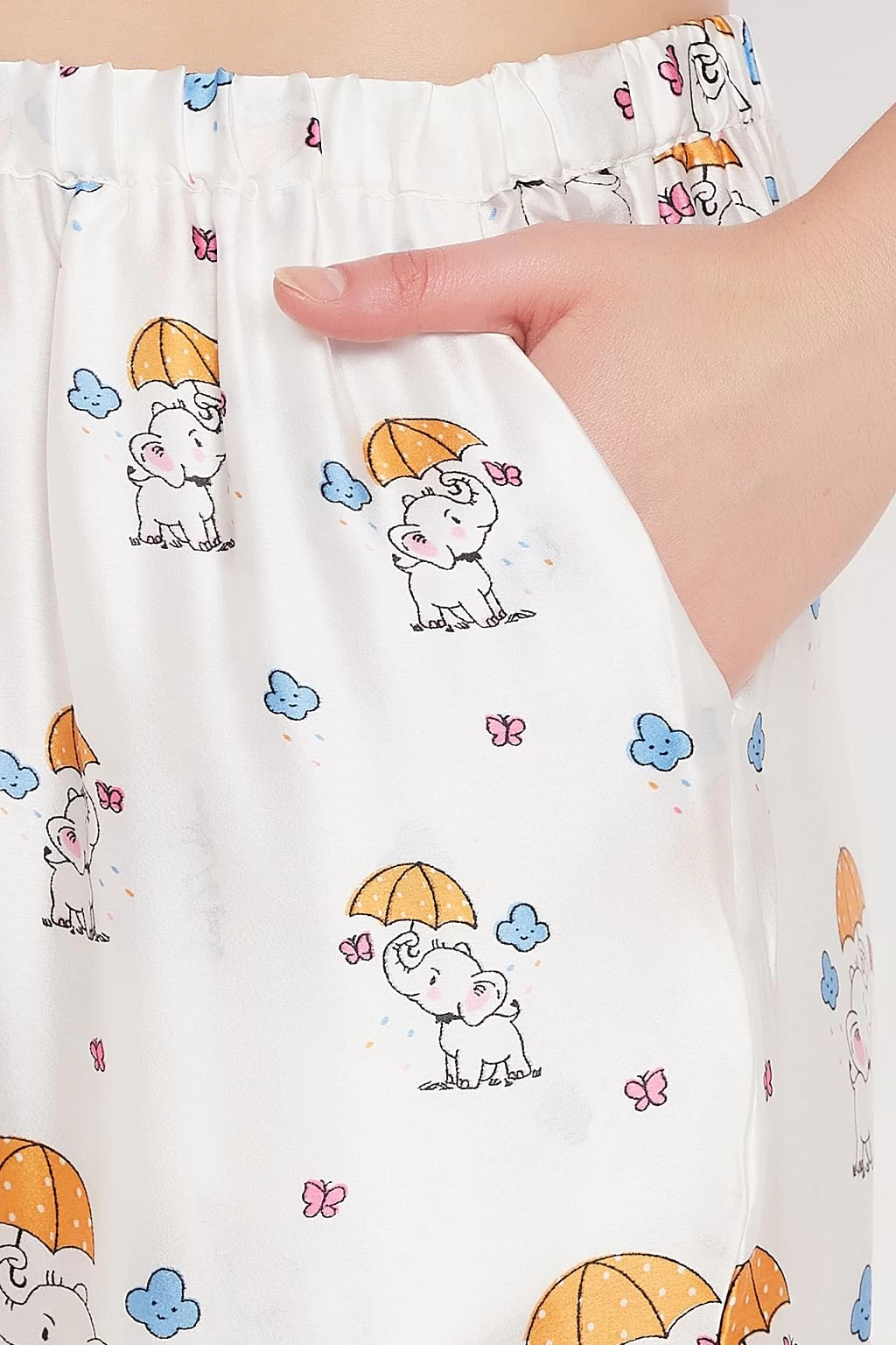 Elephant Print Button Down Shirt & Pyjama Set In White - Satin - Image 5