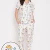 Elephant Print Button Down Shirt & Pyjama Set In White - Satin