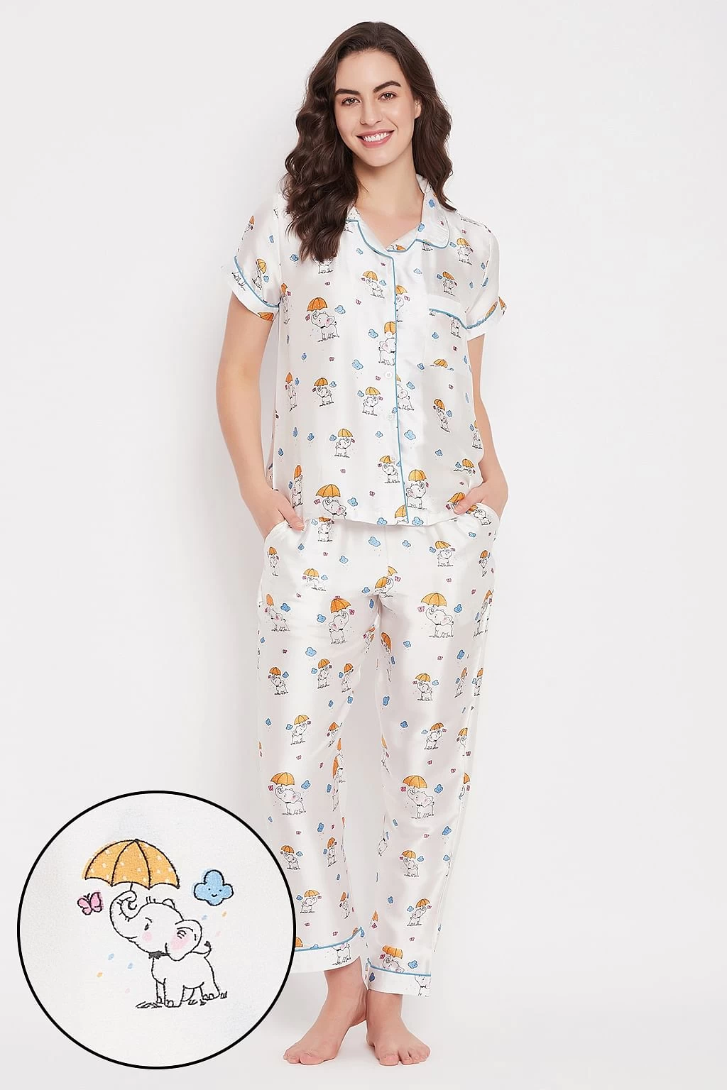 Elephant Print Button Down Shirt & Pyjama Set In White - Satin